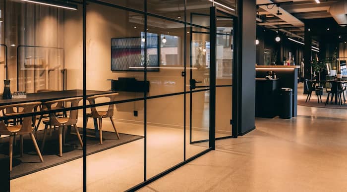 Glass walls inside an office building